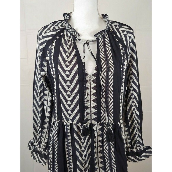 Anthropologie Maeve Tunic Dress Small Black White Tassels Boho Dominique Cotton - Picture 3 of 12